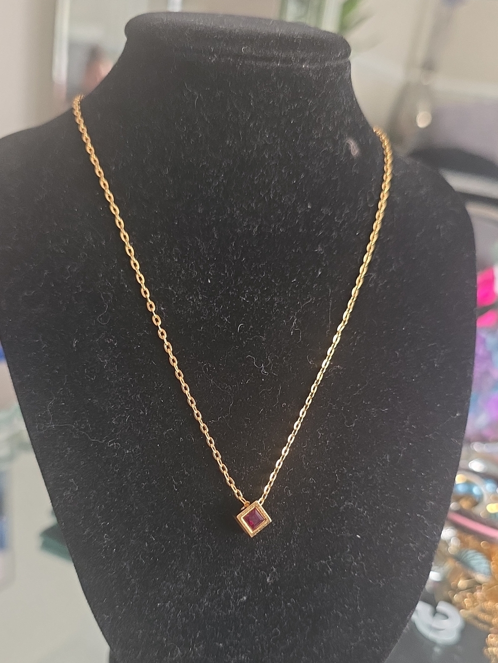 Trifari Gold-Tone Necklace with Pink Square Stone